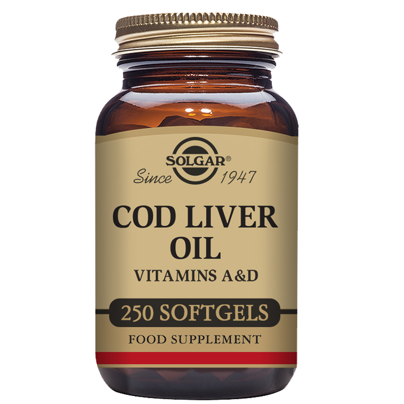 Solgar cod liver oil softgels in a glass jar with a gold lid