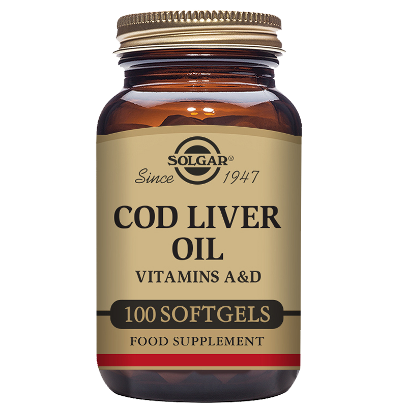 Bottle of Solgar cod liver oil softgels in a glass jar