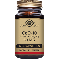 A bottle of Solgar CoQ-10 (Coenzyme Q-10) 60 mg Vegetable Capsules with 60 capsules inside