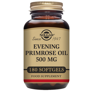 Solgar Evening Primrose Oil 500 mg Softgels in a glass jar with a gold lid