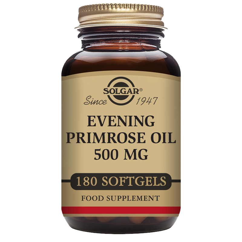 Solgar Evening Primrose Oil 500 mg Softgels in a glass jar with a gold lid