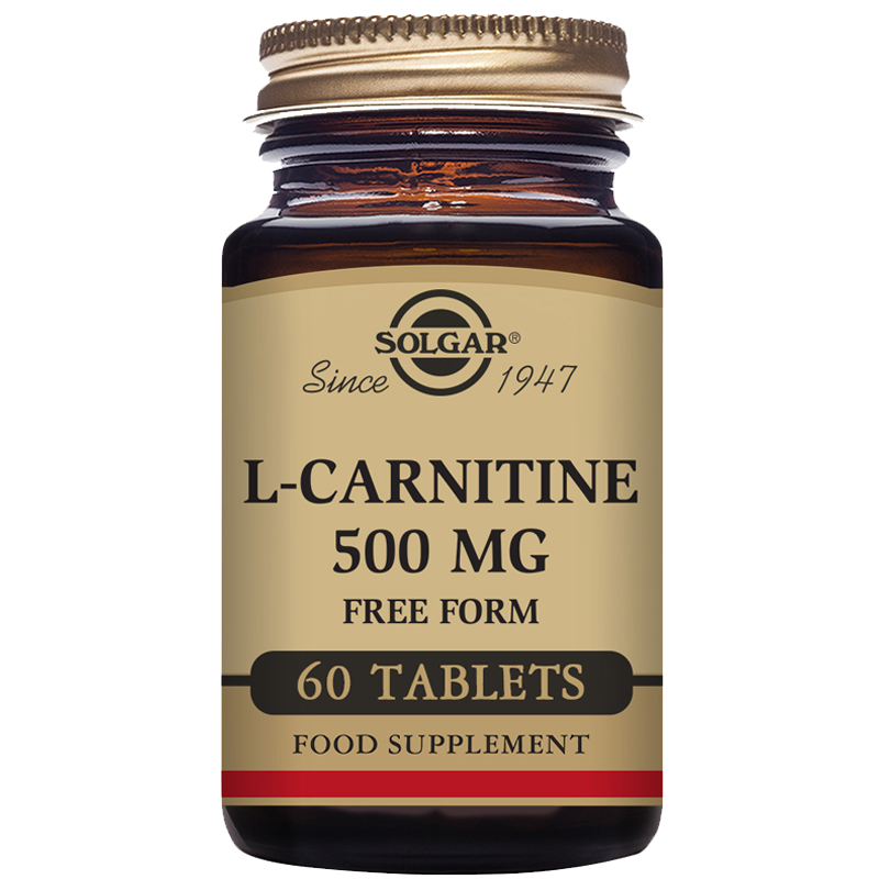 A glass bottle of Solgar L-Carnitine 500 mg Tablets with 60 tablets