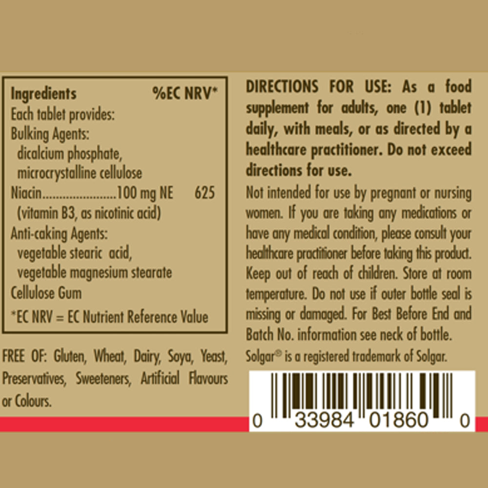 Ingredients and directions for use label for a bottle of Solgar Niacin (Vitamin B3) 100 mg tablets