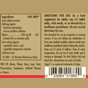 Ingredients and directions for use label for a bottle of Solgar Niacin (Vitamin B3) 100 mg tablets
