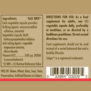 Nutrition information and directions for use label for a bottle of Vitamin B12 500 mcg Vegetable Capsules