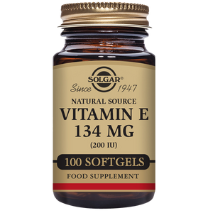 A glass bottle of 100 Solgar Vitamin E 134 mg (200 IU) softgels with a gold lid