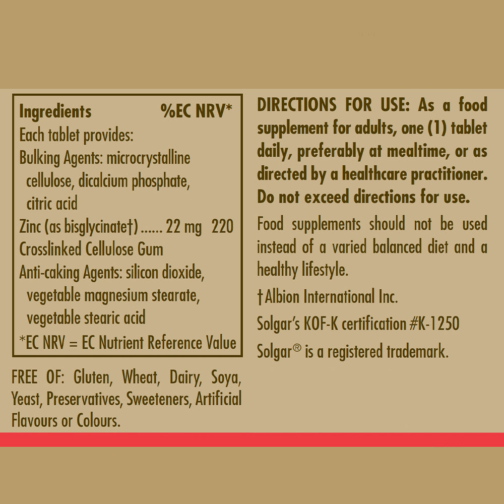 Ingredients and directions for use label for a Solgar Chelated Zinc Tablet bottle