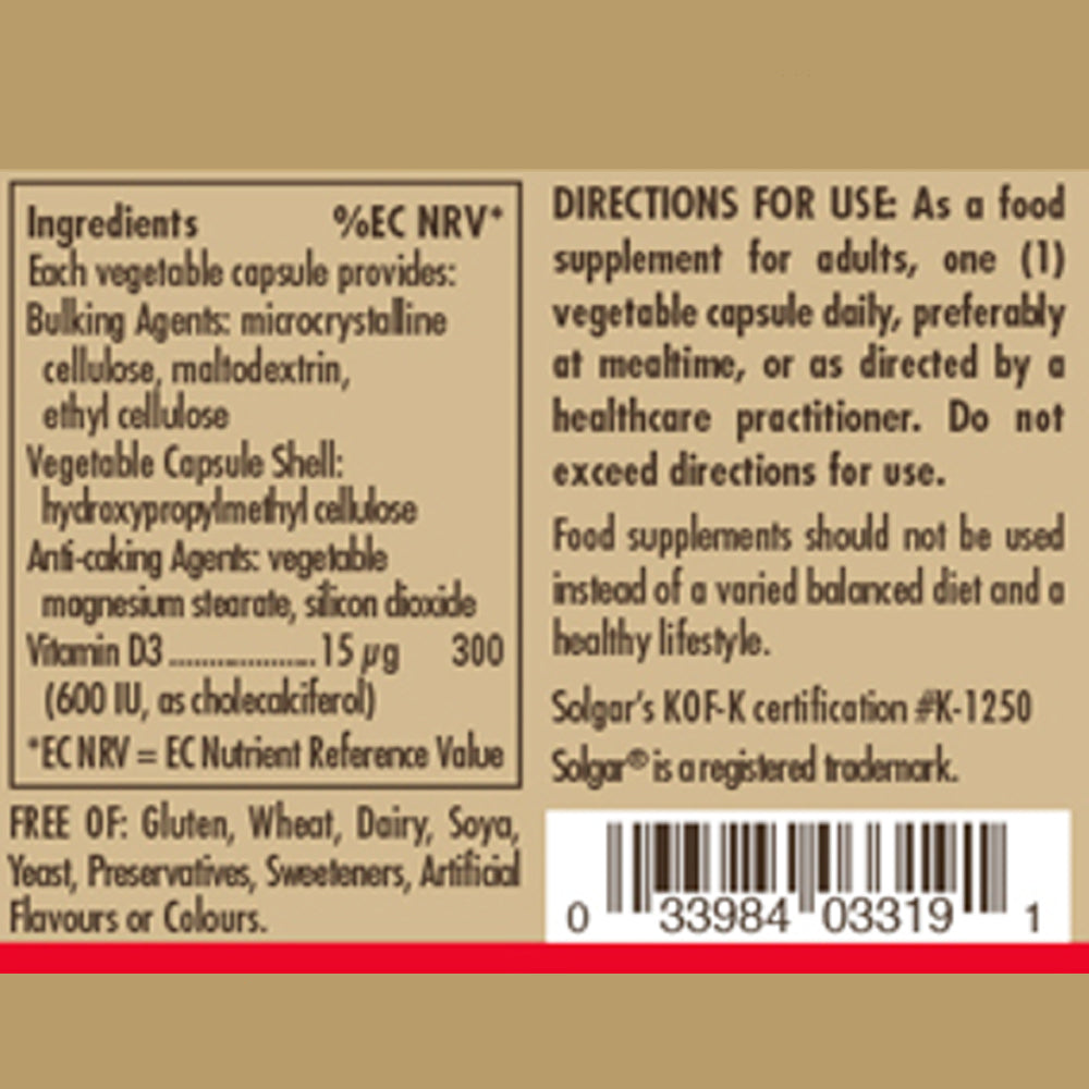 Ingredients list for Solgar Vitamin D3 600iu capsules