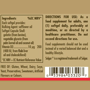 Vitamin D3 400 IU (10 mcg) Softgels - Pack of 100